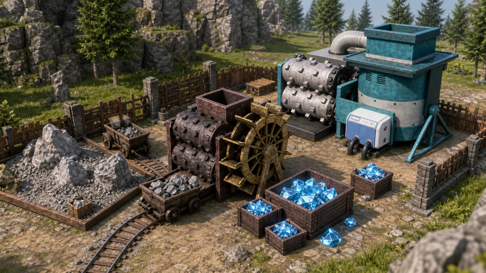 A Stone Pit feeding a standard Crusher with a Cryogenic Crusher installed as the later upgrade