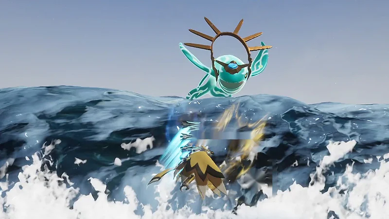 Panthalus, the Ocean King, rising out of a tsunami beside the World Tree island
