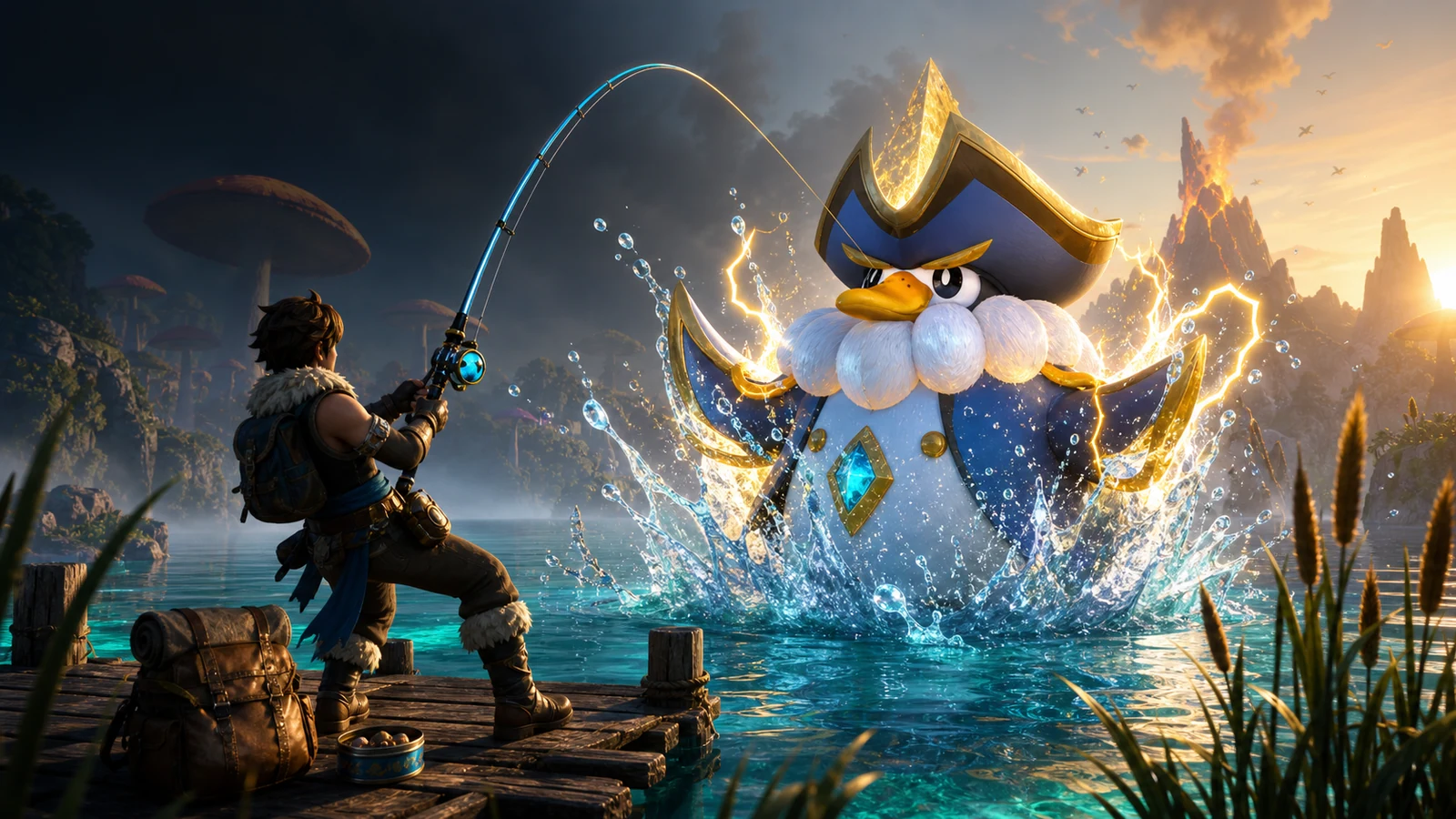 A level 15 adventurer fishing a powerful electric Penking Lux from a mushroom wetland coast