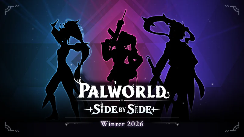 Three character silhouettes in Pocketpair's official Palworld Side by Side winter 2026 teaser