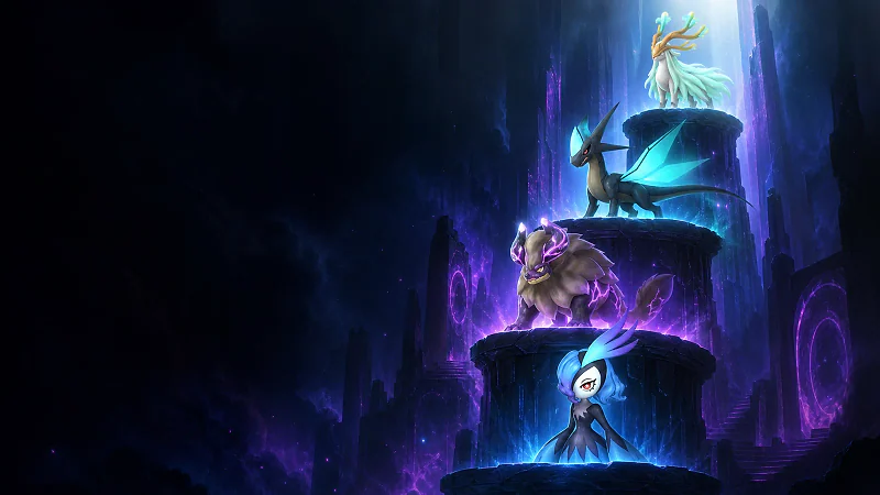 Bellanoir, Blazamut Ryu, Xenolord, and Hartalis standing on ascending raid-arena platforms