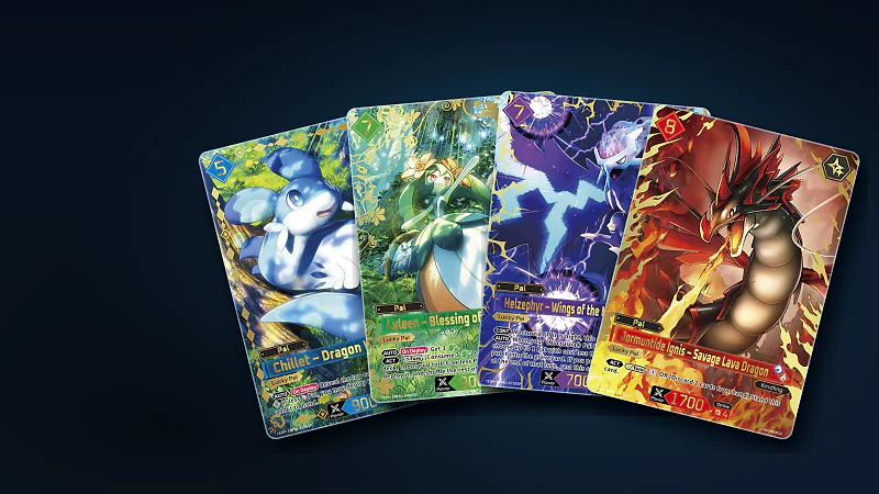 Four Dawn of Palpagos alternate-art cards fanned across a dark blue field, showing Chillet, Lyleen, Helzephyr and Jormuntide Ignis
