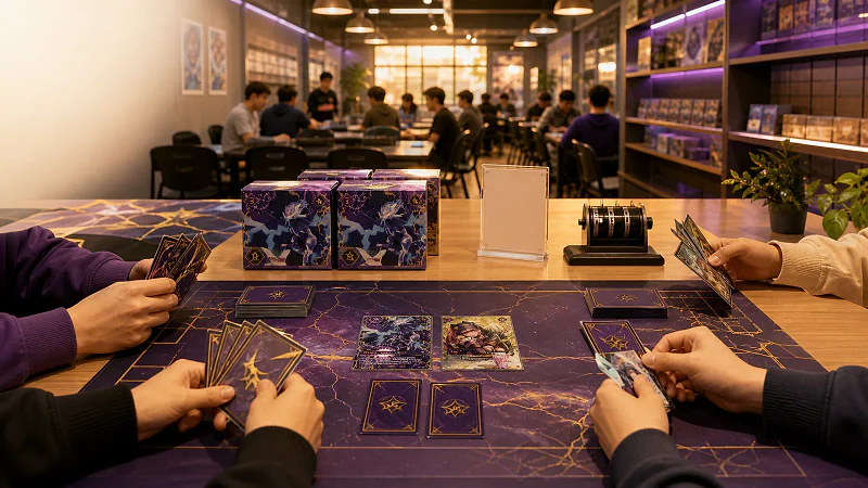 Players build decks around a Palworld card table inside a busy local game store.