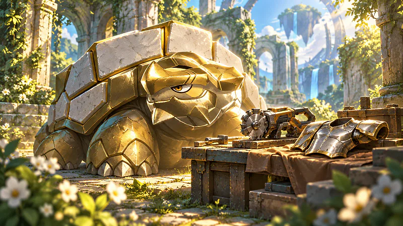 Generated editorial illustration of gold-armored Tetroise Primo beside workshop equipment