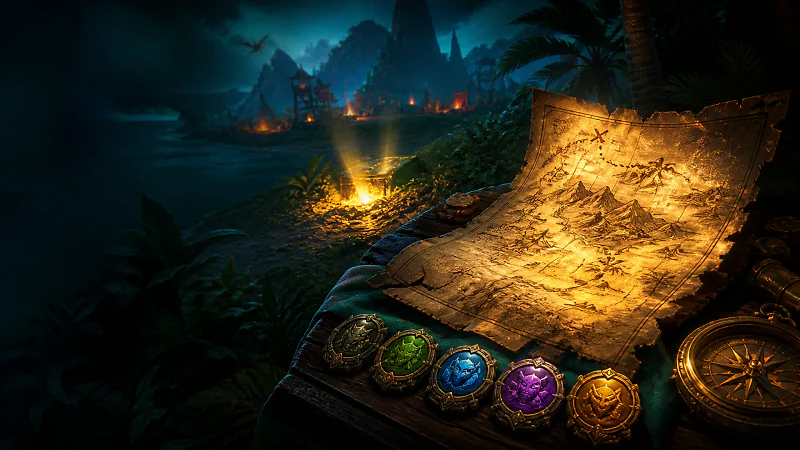 Weathered Palworld treasure maps leading toward a glowing buried chest