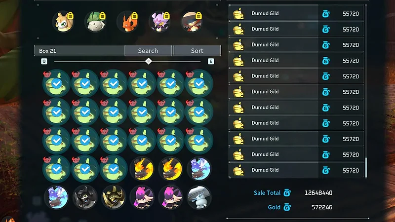 Palworld sale screen showing a box of Dumud Gild worth more than 12.6 million Gold