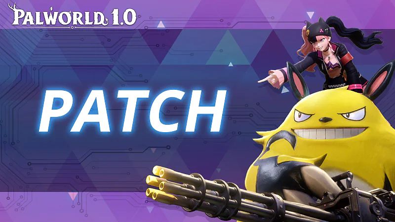 Official Palworld 1.0 patch artwork featuring a rider on Grizzbolt against a purple circuit background