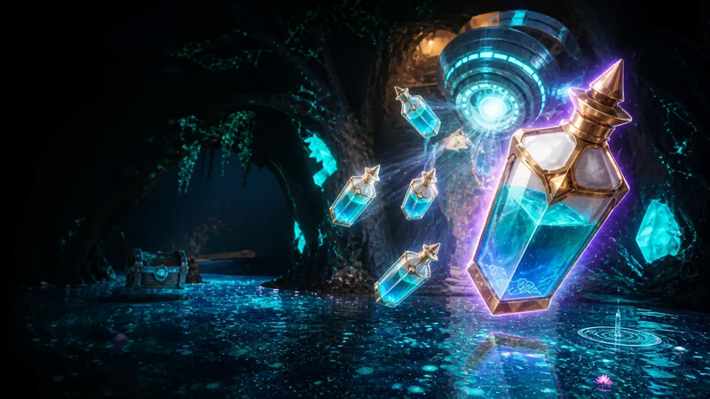 World Tree Holy Water glowing above luminous wetlands as an Ancient Relic Recycler releases more bottles