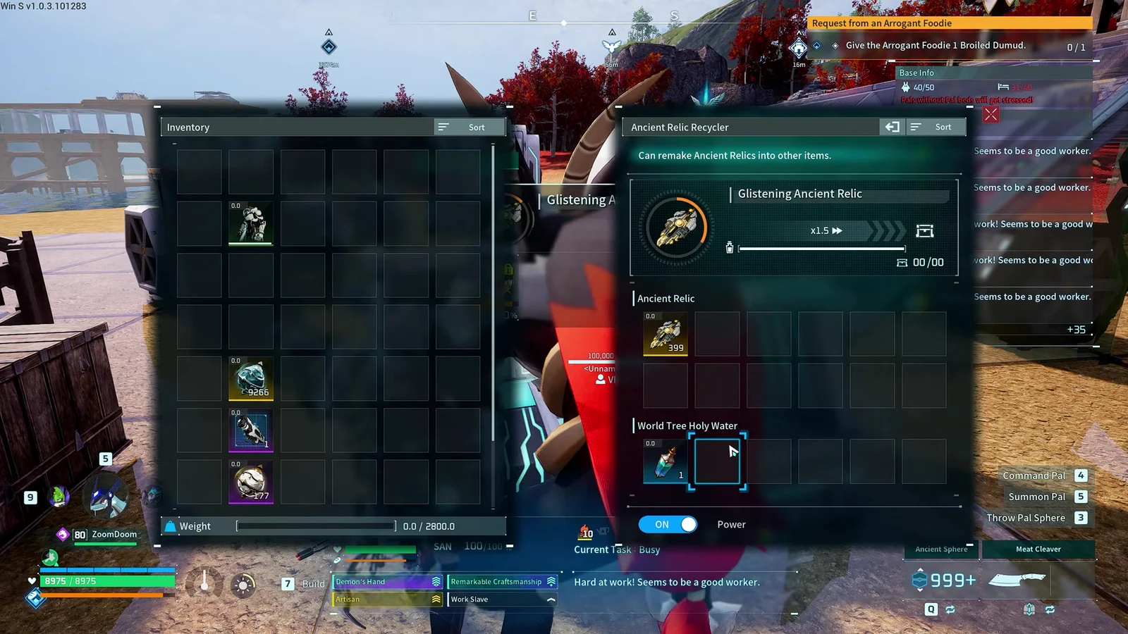 Palworld Ancient Relic Recycler interface with a World Tree Holy Water loaded and a 1.5x speed multiplier active