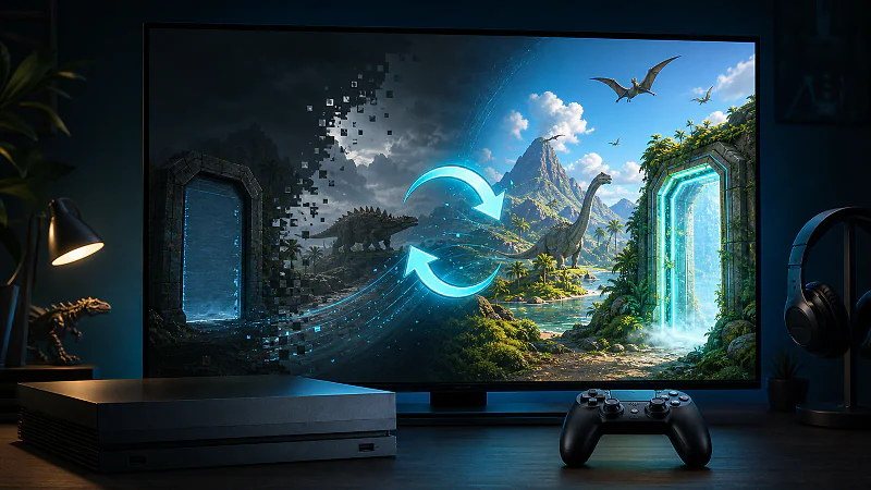 Xbox controller in front of a Palworld update screen changing from an old preview build to the full release