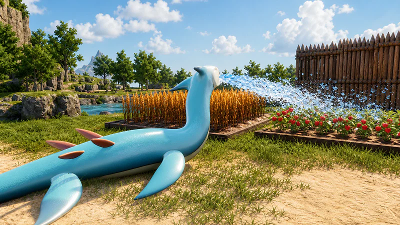 A full-sized Surfent sprays a broad stream of water from its mouth across sunny crop plots